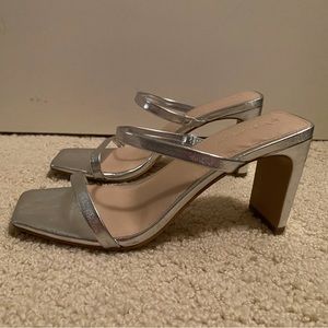 The Drop Women's Avery Square Toe Two Strap High Heeled Sandal - Silver Size 8